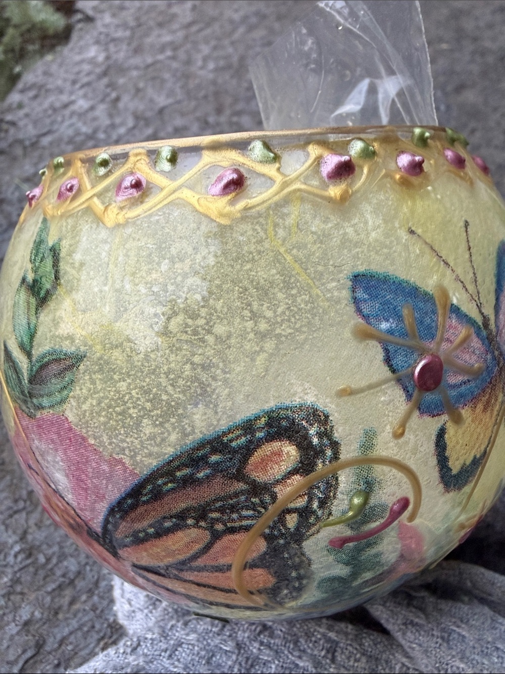 Hand-Painted Butterfly Glass Tea Light Holder in Blue, Pink and Gold - Picture 4 of 16